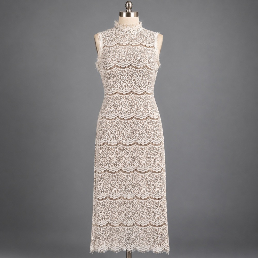 White Floral Lace High Neck Sleeveless Midi Sheath wedding guest Dress Lining